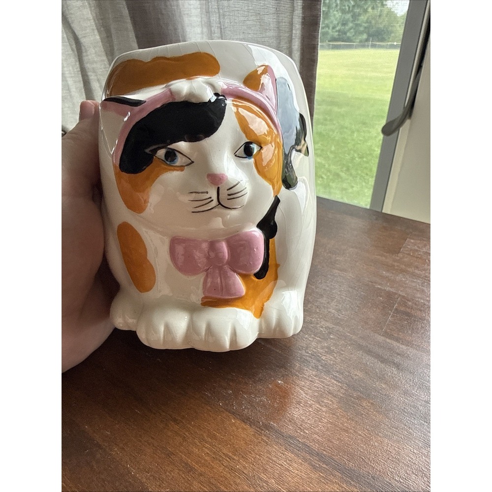 Calico Cat Kitten Crackle Glaze 16 Oz Coffee Tea Cocoa Mug Cup 3-D Hand Painted